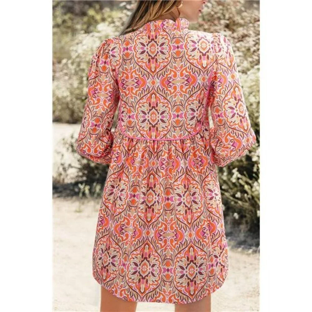 Printed Tie Neck Long Sleeve Mini Dress